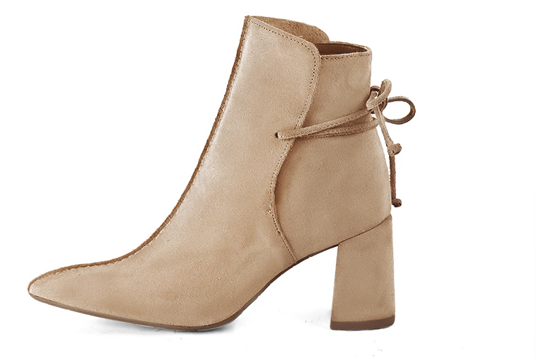 Tan beige women's ankle boots with laces at the back. Tapered toe. High flare heels. Profile view - Florence KOOIJMAN